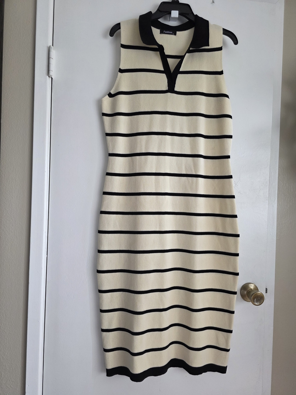 Fashion Sleeveless Cream & Black Striped Midi Dress with Polo Collar...knit